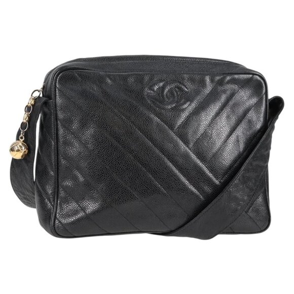 CHANEL COCO Mark Chain Shoulder Bag Grained Calf Skin Black Gold CC Auth 128487V - Picture 1 of 16